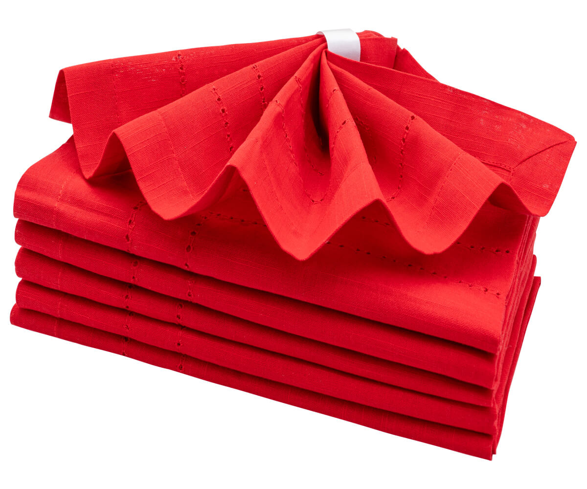 A stack of red double hemstitch cloth napkins A stack of red double hemstitch cloth napkins