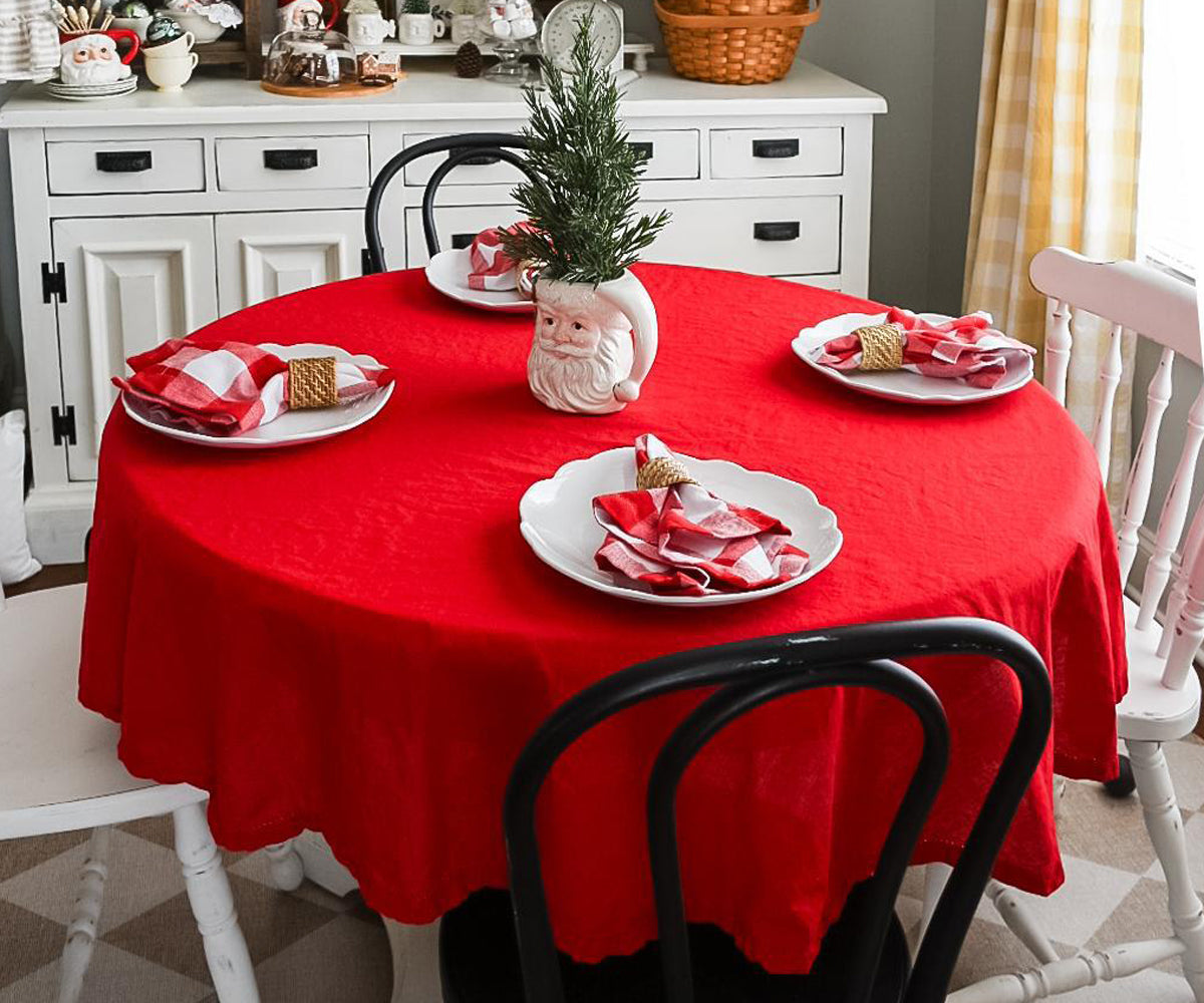 Red cotton round tablecloth for outdoor dining – 63 inch hemstitched Red cotton round tablecloth for outdoor dining – 63 inch hemstitched
