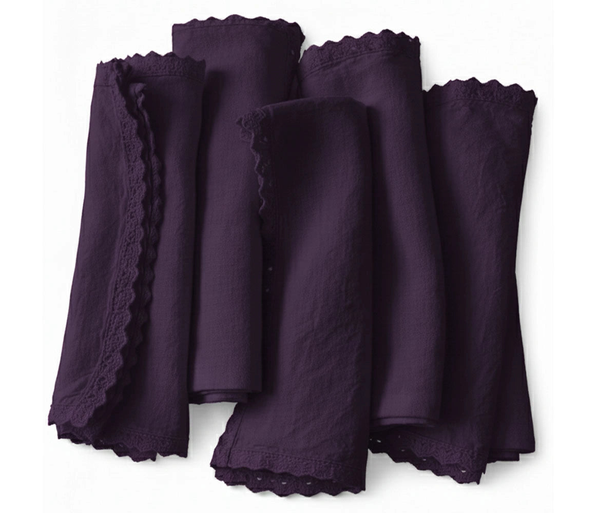 deep purple linen crochet napkins folded set deep purple linen crochet napkins folded set