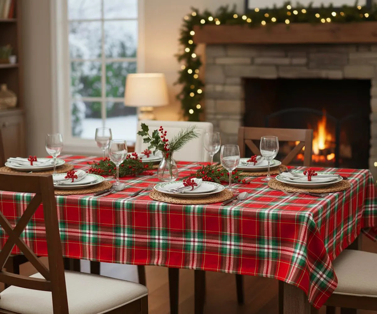 Classic red and green tartan tablecloth made from 100% cotton for holiday dining Classic red and green tartan tablecloth made from 100% cotton for holiday dining