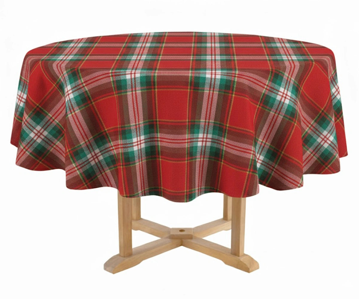 Red tartan round cotton tablecloth with classic plaid pattern Red tartan round cotton tablecloth with classic plaid pattern
