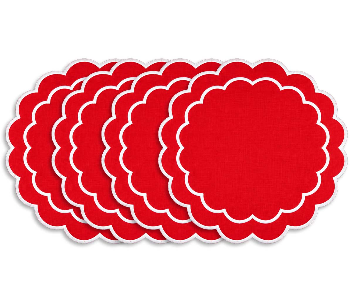 Decorative round placemat made from 100% cotton with scalloped edging and embroidered accents for everyday dining Decorative round placemat made from 100% cotton with scalloped edging and embroidered accents for everyday dining