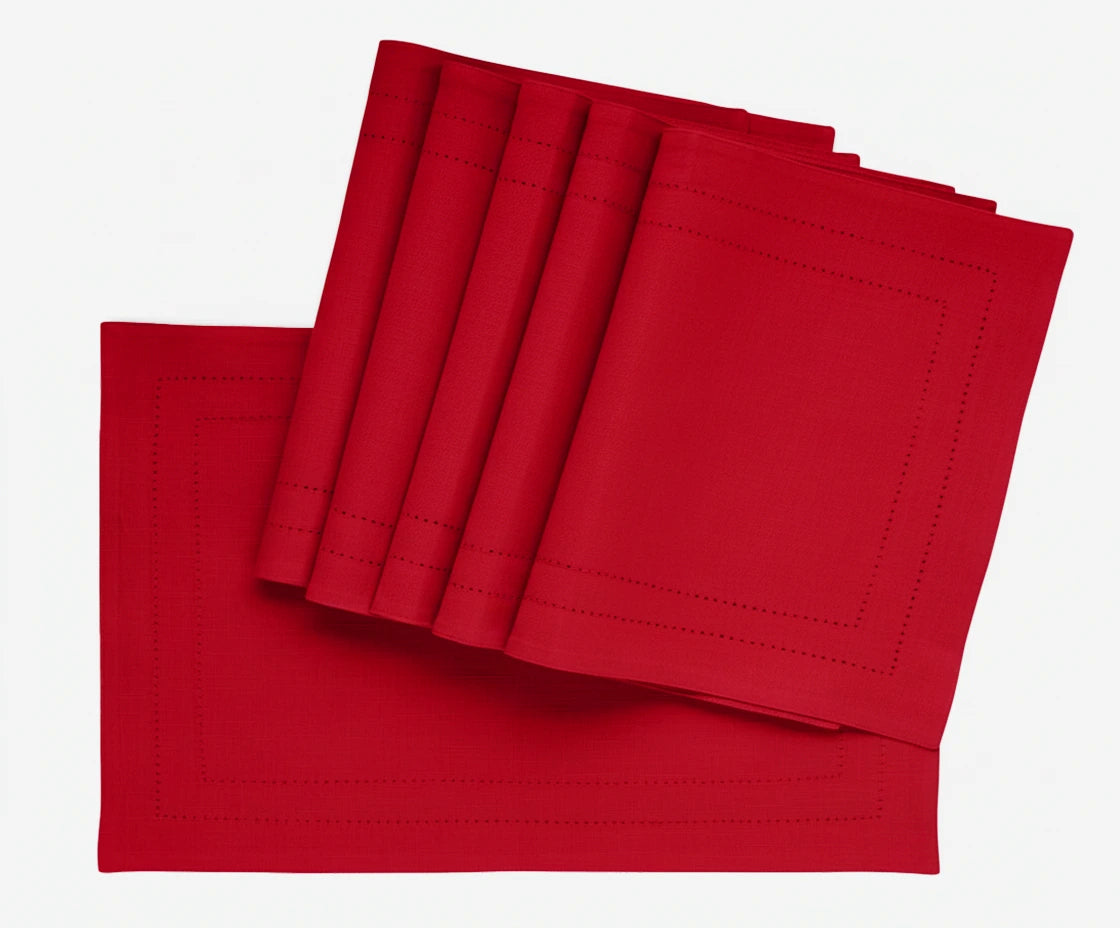 Elegant red hemstitch placemats made of 100% cotton, perfect for kitchen and dining table settings Elegant red hemstitch placemats made of 100% cotton, perfect for kitchen and dining table settings