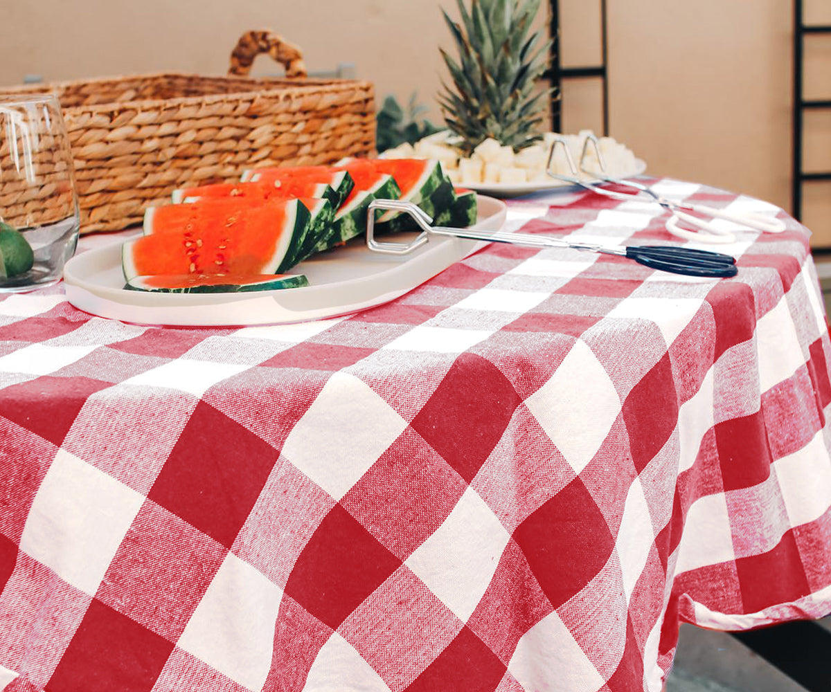Red and white gingham style tablecloth, soft woven fabric for table décor Red and white gingham style tablecloth, soft woven fabric for table décor