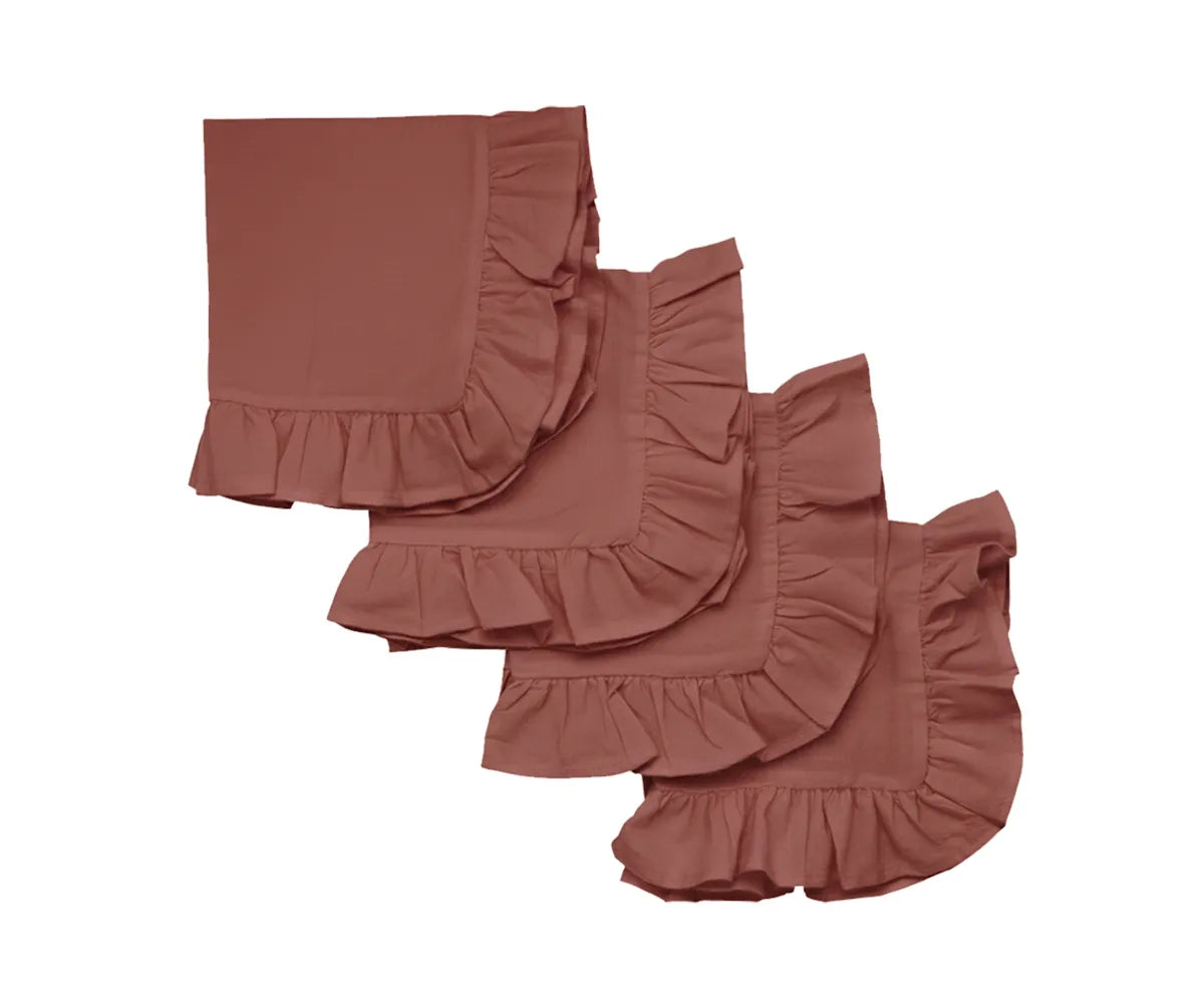 Rosewood cotton napkins with ruffle edges, soft reusable cloth dinner napkins in bulk for weddings and everyday dining. Rosewood cotton napkins with ruffle edges, soft reusable cloth dinner napkins in bulk for weddings and everyday dining.