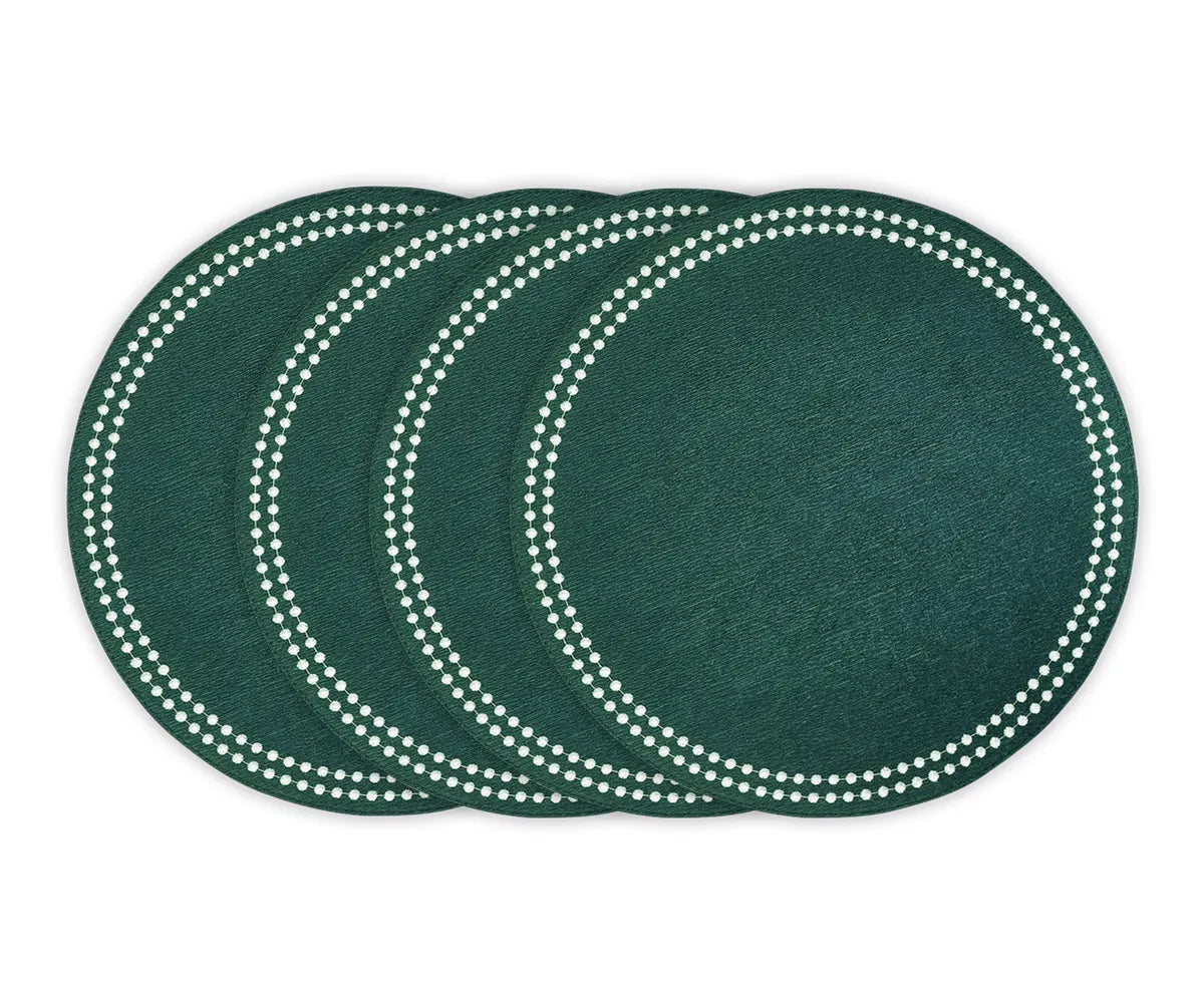 Green cotton round placemats with embroidered dot trim – set of 4 Green cotton round placemats with embroidered dot trim – set of 4