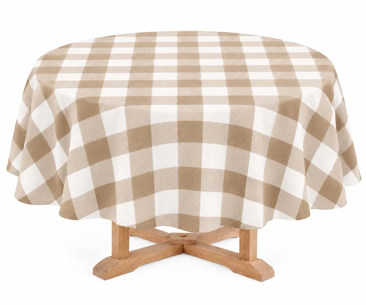 Round Beige and White Gingham Plaid Linen Tablecloth draped on wooden pedestal base Round Beige and White Gingham Plaid Linen Tablecloth draped on wooden pedestal base