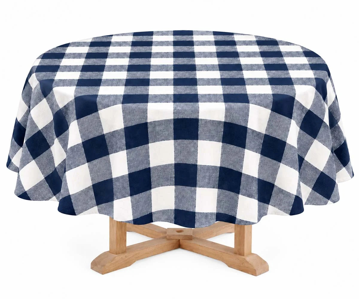 Round Plaid Linen Tablecloth in Navy blue and White Round Plaid Linen Tablecloth in Navy blue and White