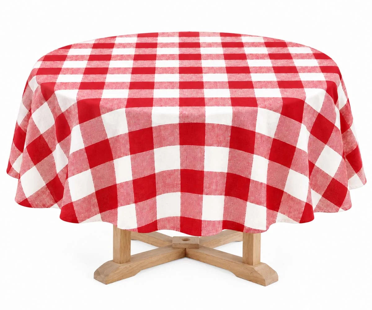 Round Plaid Linen Tablecloth in Red and White Round Plaid Linen Tablecloth in Red and White