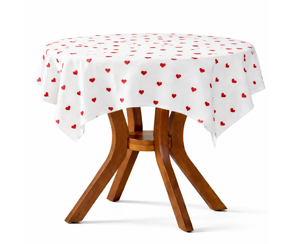 Red heart embroidered cotton round tablecloth for Valentine’s Day dining and romantic table décor Red heart embroidered cotton round tablecloth for Valentine’s Day dining and romantic table décor