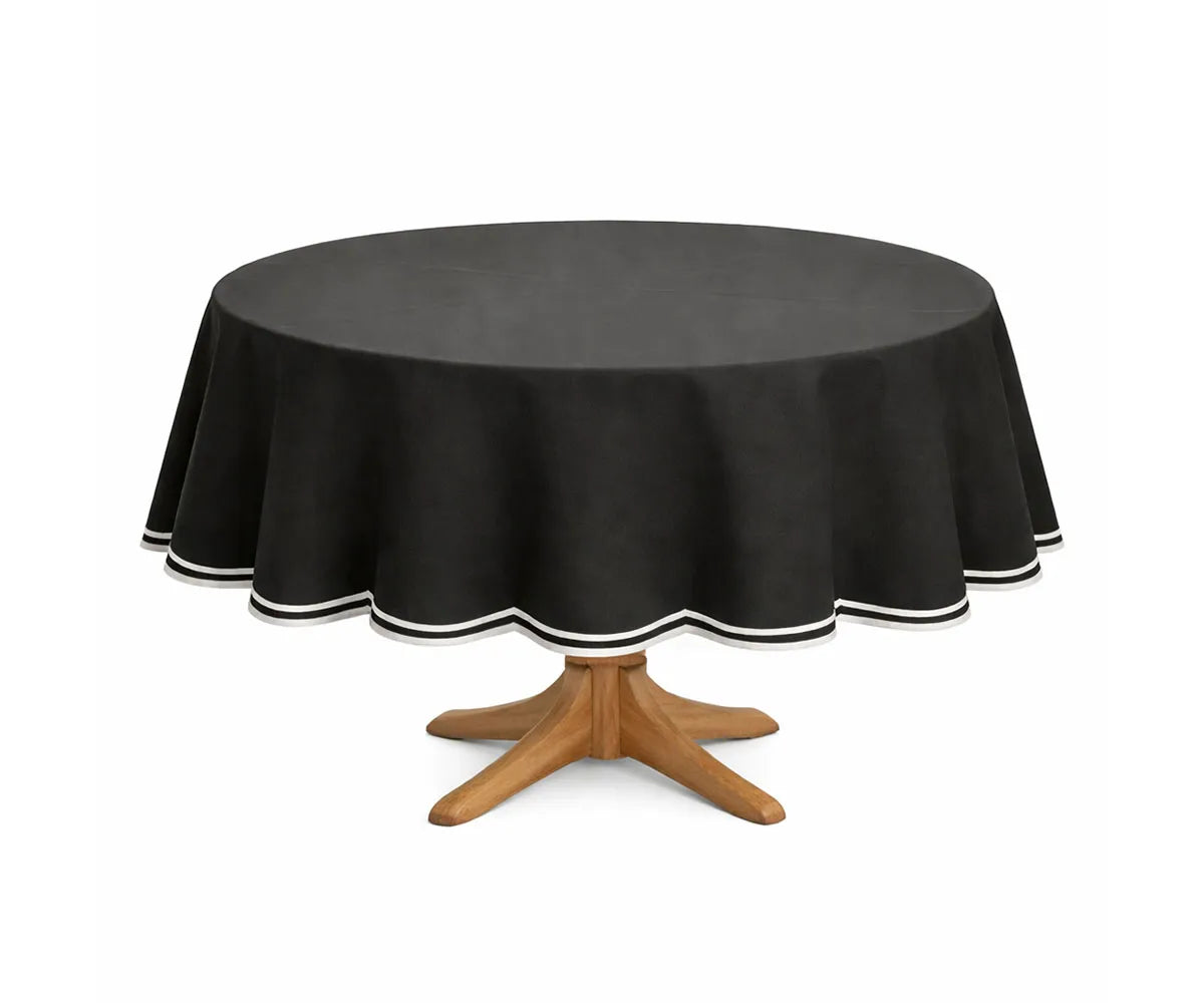 Elegant round cotton tablecloth featuring a timeless scalloped border, designed from 100% natural cotton for durability and refined texture. This versatile tablecloth enhances modern, traditional, and farmhouse interiors, perfect for daily dining, entertaining guests, celebrations, weddings, and seasonal table settings. Elegant round cotton tablecloth featuring a timeless scalloped border, designed from 100% natural cotton for durability and refined texture. This versatile tablecloth enhances modern, traditional, and farmhouse interiors, perfect for daily dining, entertaining guests, celebrations, weddings, and seasonal table settings.