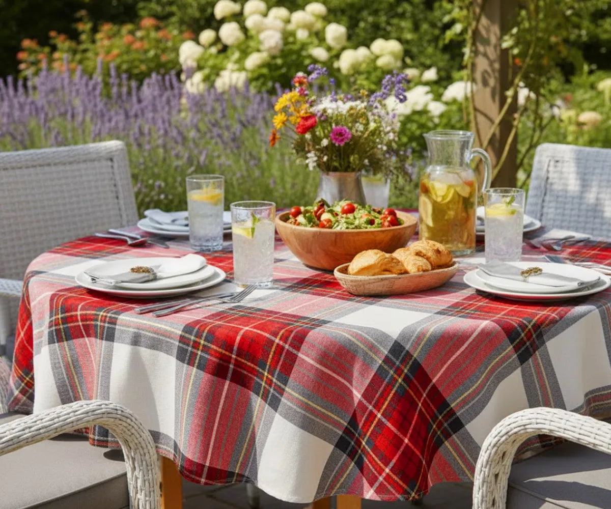 Round tartan tablecloth featuring a festive red, black, and white plaid pattern with subtle yellow highlights. Crafted from 100% cotton, this durable and machine-washable tablecloth is ideal for Christmas meals, family gatherings, and seasonal celebrations Round tartan tablecloth featuring a festive red, black, and white plaid pattern with subtle yellow highlights. Crafted from 100% cotton, this durable and machine-washable tablecloth is ideal for Christmas meals, family gatherings, and seasonal celebrations