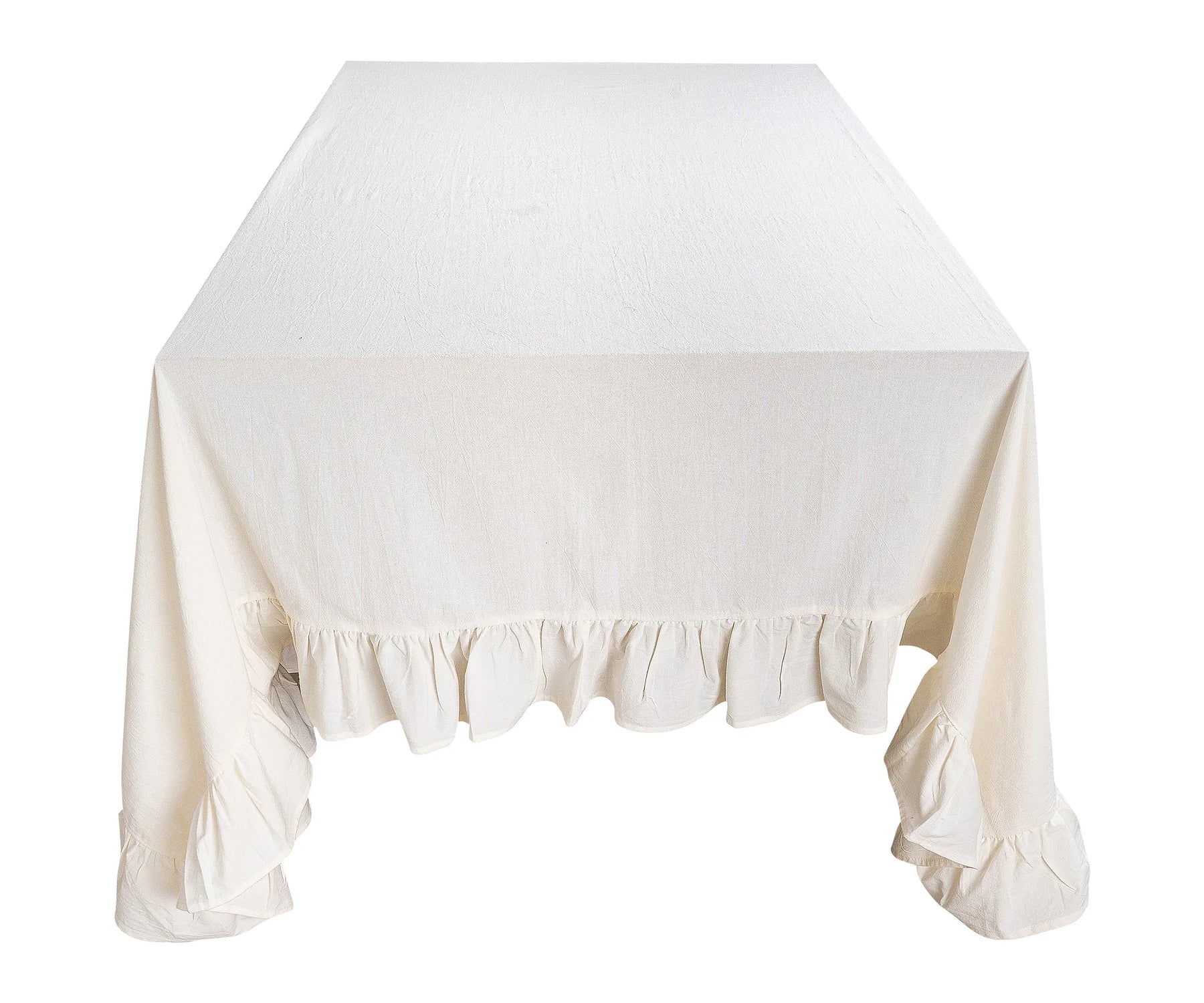 Rectangle cotton tablecloth with elegant ruffled edges in natural color Rectangle cotton tablecloth with elegant ruffled edges in natural color