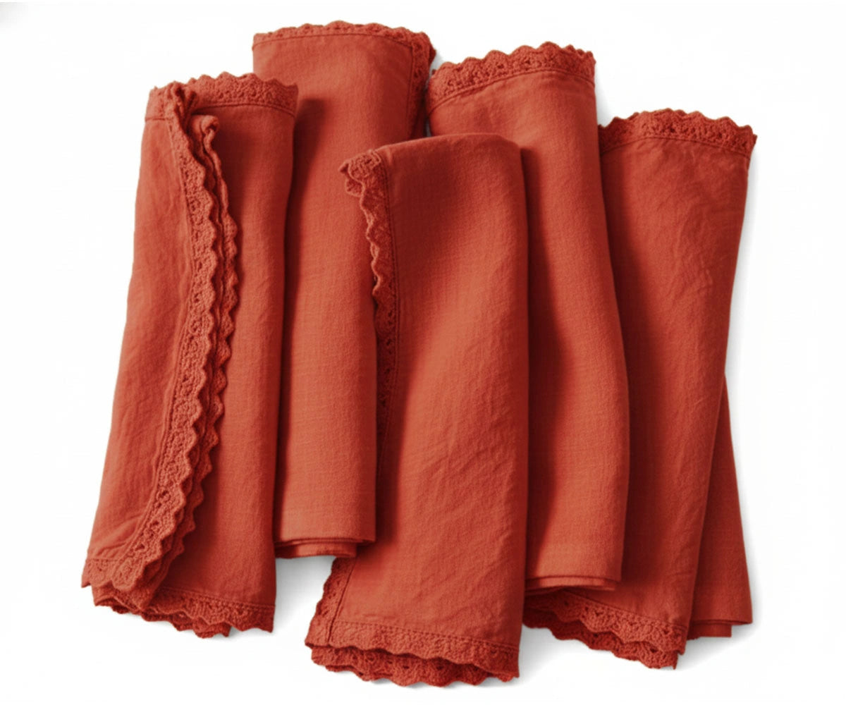 rust orange linen crochet napkins with crochet detailing rust orange linen crochet napkins with crochet detailing