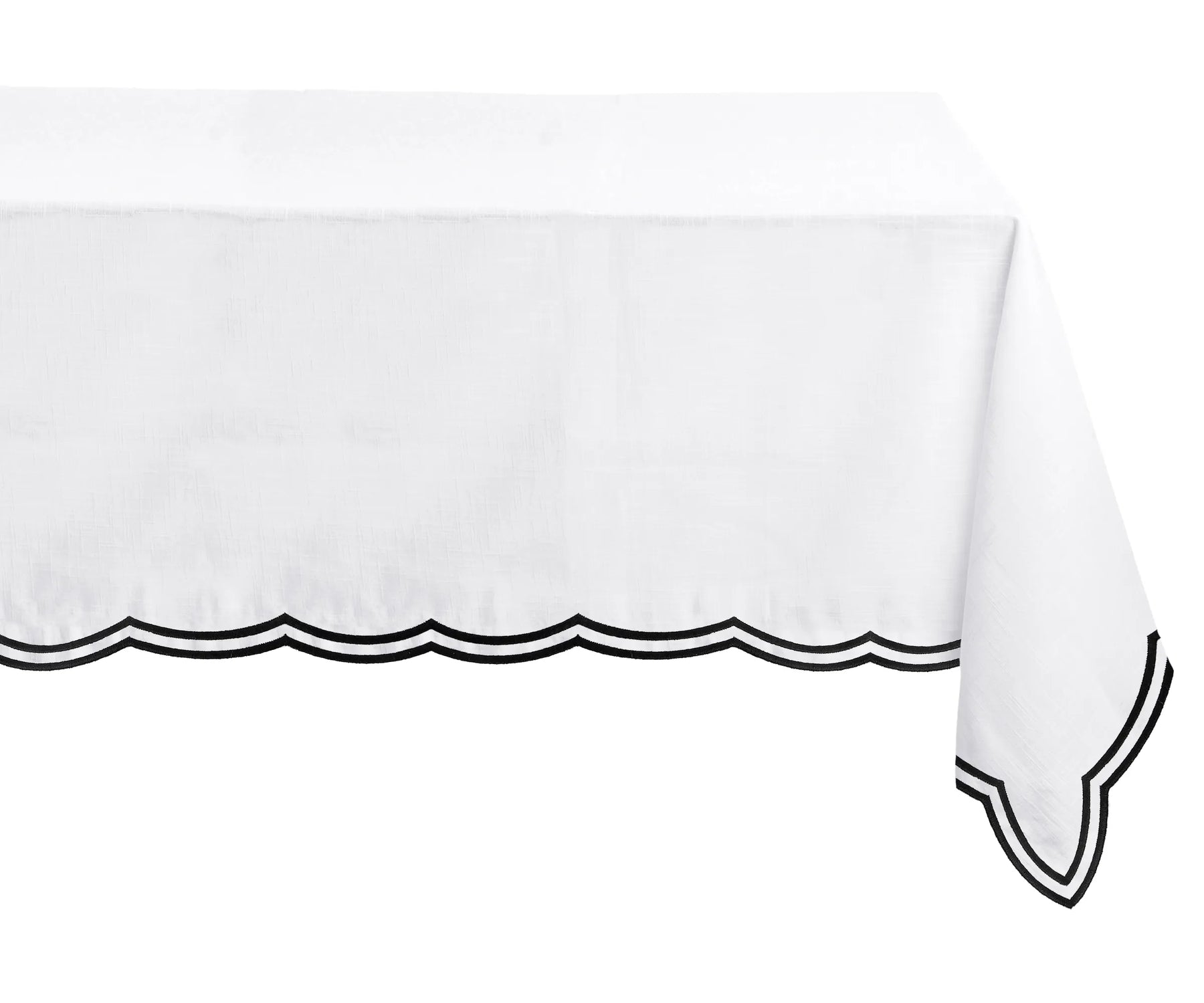 Black embroidered rectangle tablecloth with scalloped edges for a bold and sophisticated table setting Black embroidered rectangle tablecloth with scalloped edges for a bold and sophisticated table setting
