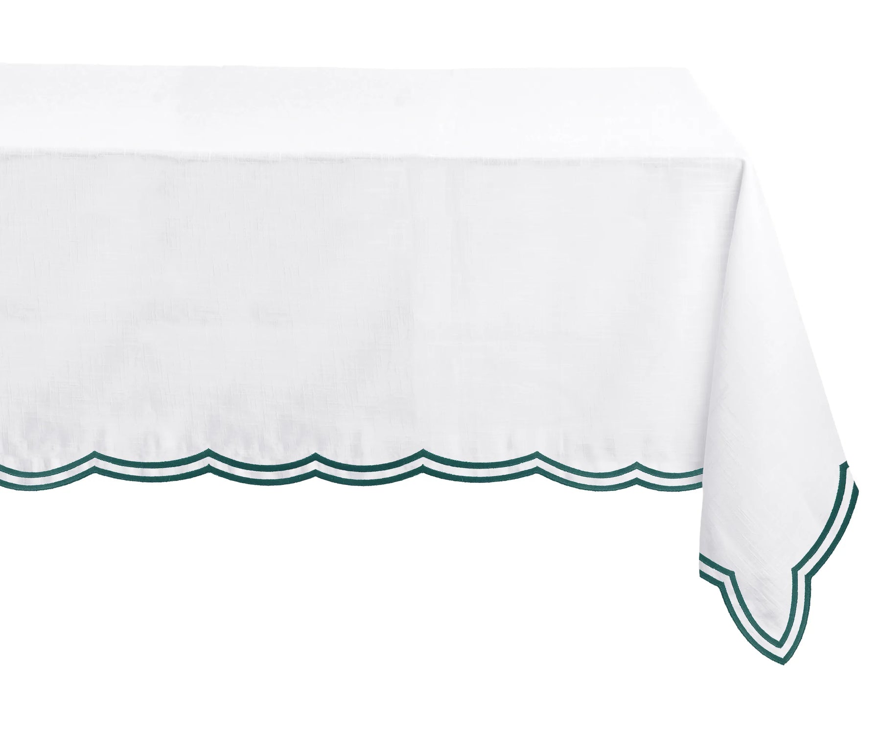 Soft green embroidered rectangular tablecloth with scalloped detailing, adding charm to everyday meals Soft green embroidered rectangular tablecloth with scalloped detailing, adding charm to everyday meals