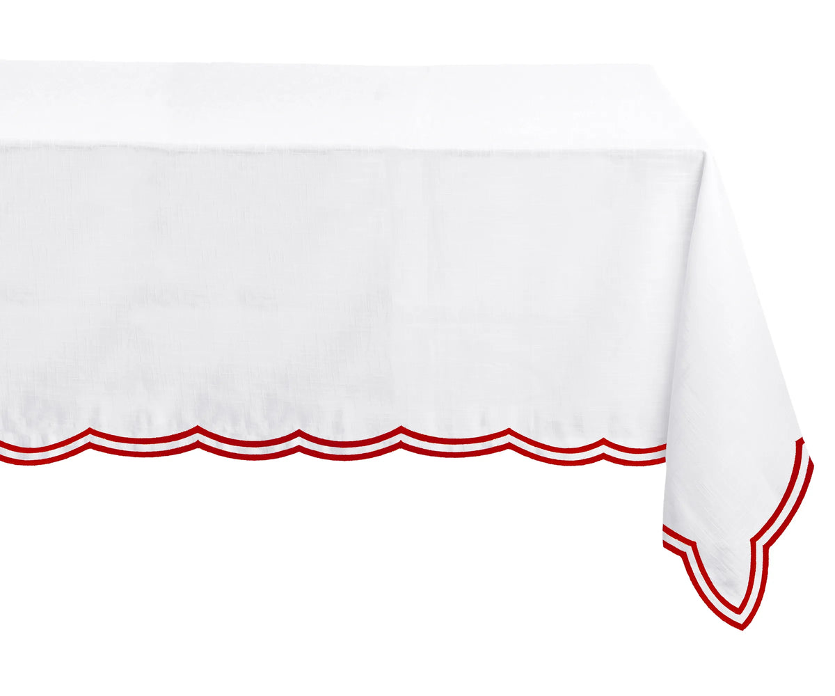 Vibrant red rectangle tablecloth with delicate embroidery and scalloped borders for festive occasions Vibrant red rectangle tablecloth with delicate embroidery and scalloped borders for festive occasions