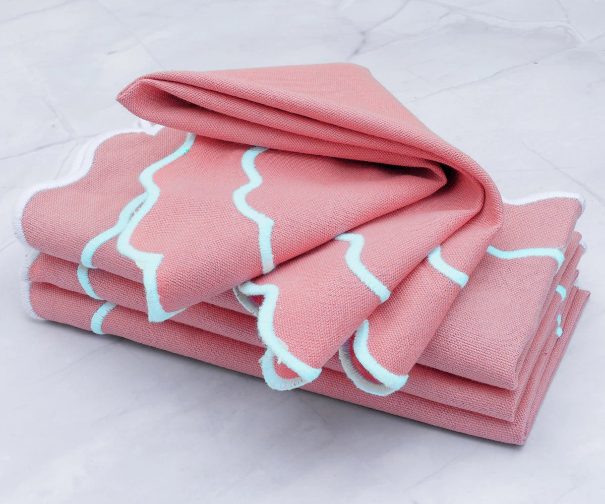 Set of 12 reusable cotton scallop napkins in peony pink, perfect for weddings, dinner parties, and everyday use. Set of 12 reusable cotton scallop napkins in peony pink, perfect for weddings, dinner parties, and everyday use.