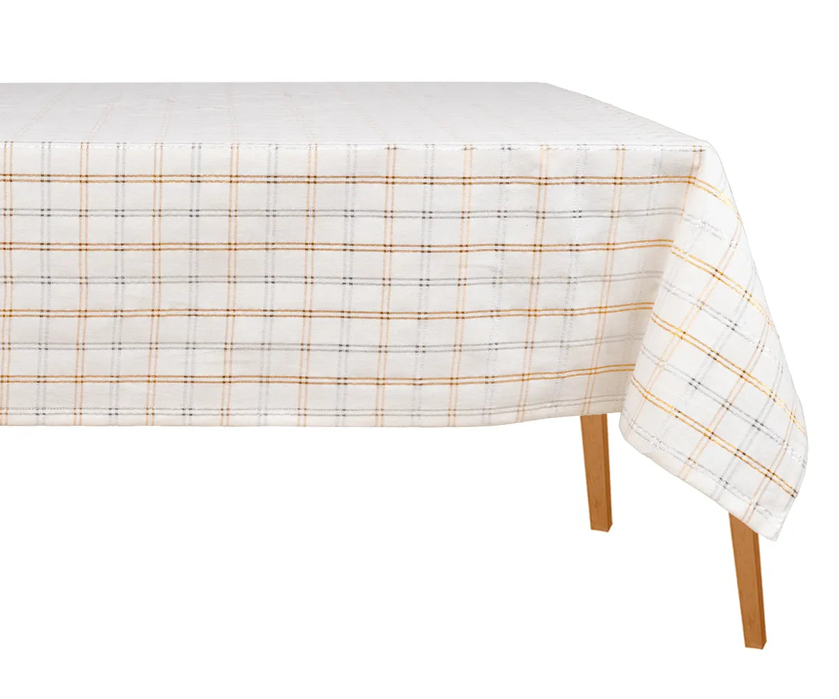 White cotton buffalo plaid tablecloth with light orange and dark gray lines for dining table White cotton buffalo plaid tablecloth with light orange and dark gray lines for dining table