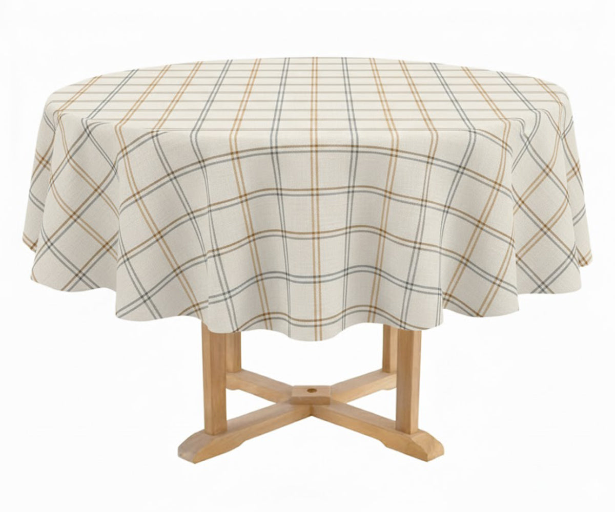 Round beige and white plaid tablecloth for farmhouse dining Round beige and white plaid tablecloth for farmhouse dining