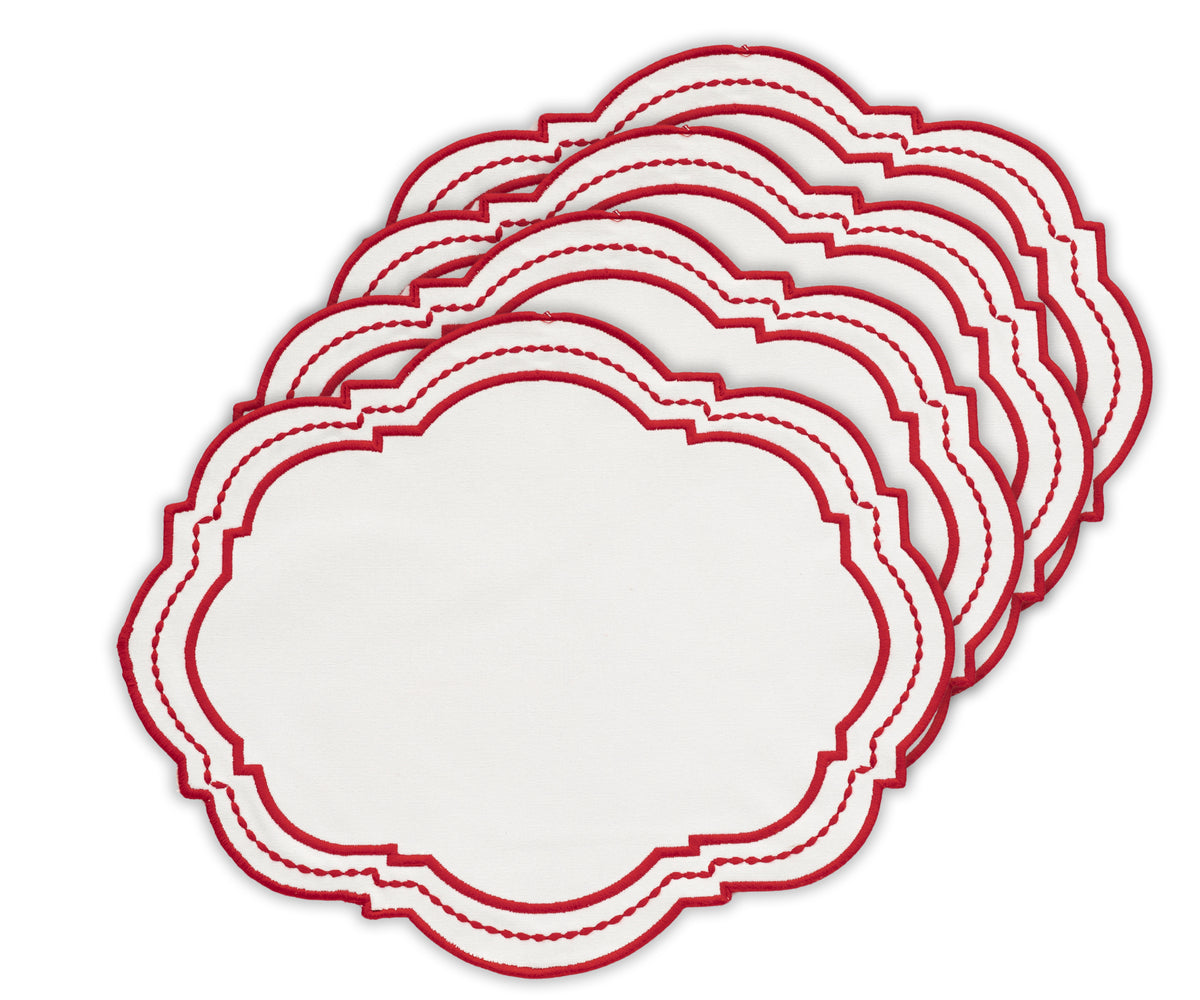 Red oval placemat with contrasting white dot accents, styled with matching cutlery.
Red oval placemat with contrasting white dot accents, styled with matching cutlery.