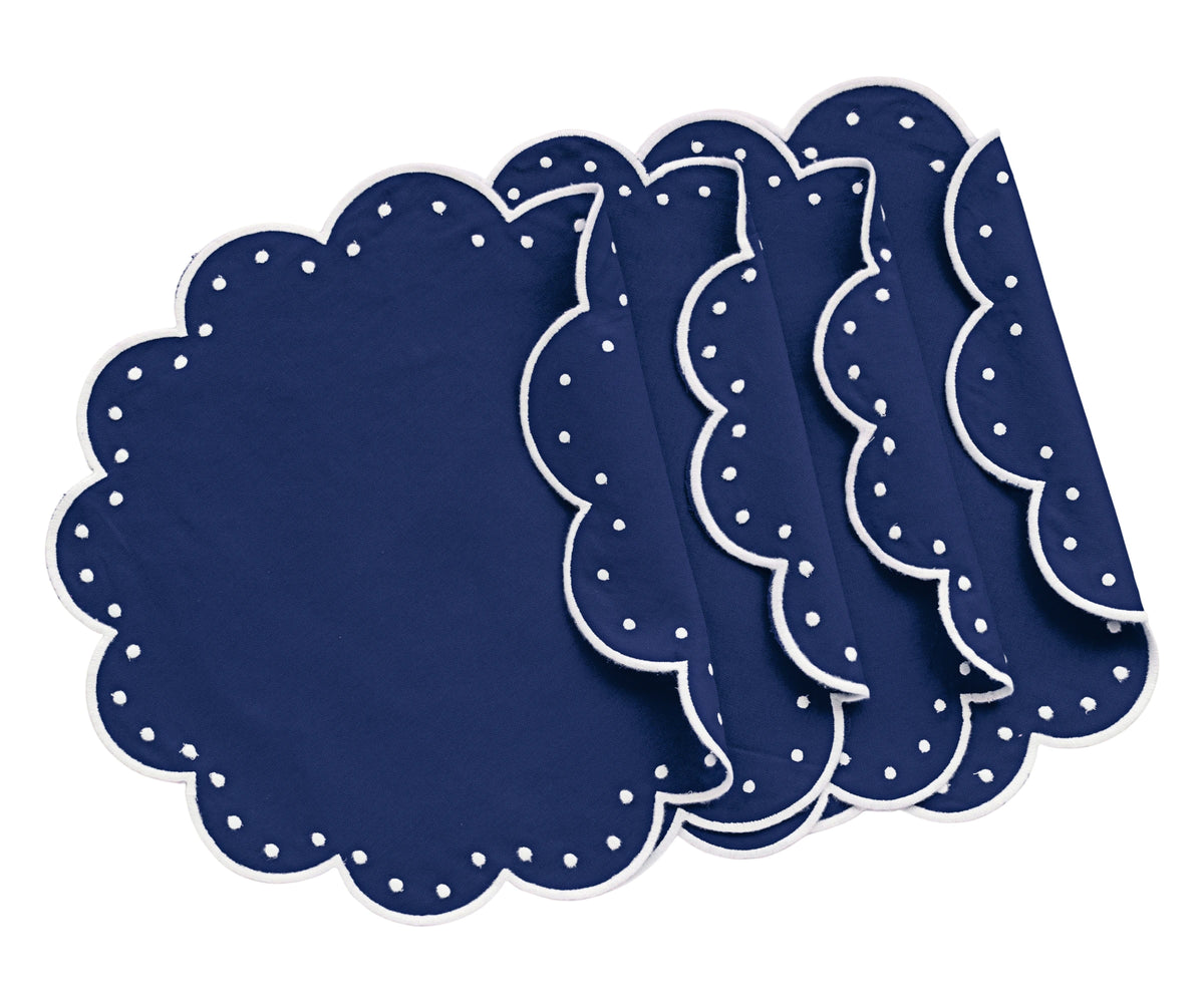 Navy Blue Scallop Dot Embroidered Cotton Placemat - Set of 4 (17 Navy Blue Scallop Dot Embroidered Cotton Placemat - Set of 4 (17