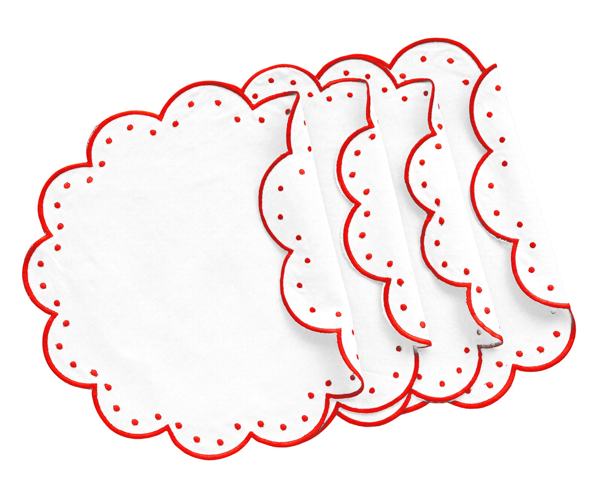 Red round scallop cotton placemats with red trim and polka-dot design, set of 4, 17 inches.
 Red round scallop cotton placemats with red trim and polka-dot design, set of 4, 17 inches.