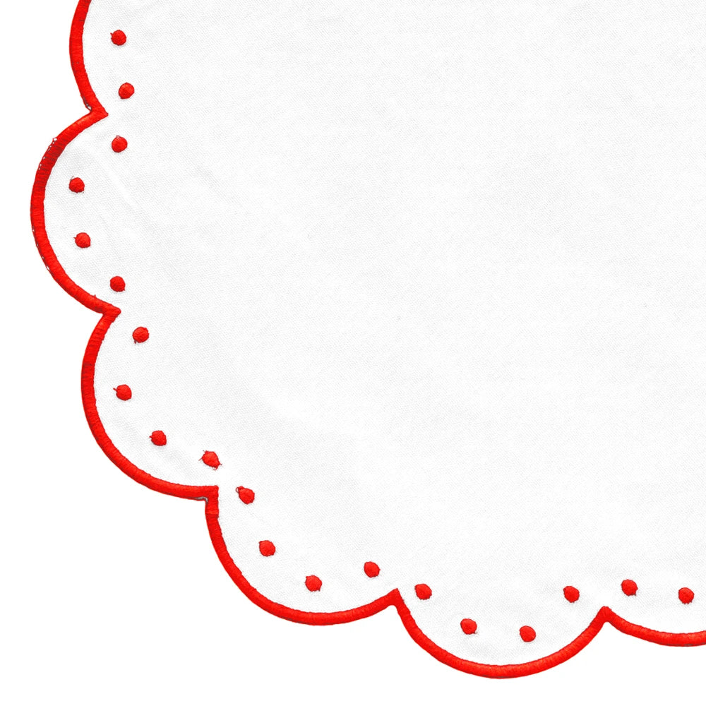 Set of 4 round cotton placemats with scalloped edges, red piping, and polka-dot accents, 17-inch diameter. Set of 4 round cotton placemats with scalloped edges, red piping, and polka-dot accents, 17-inch diameter.