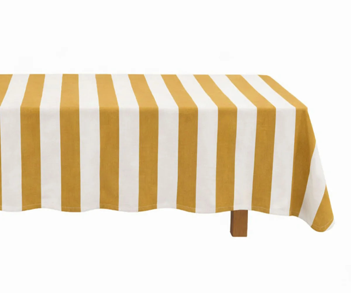 Classic cabana stripe tablecloth made from a durable cotton linen blend, ideal for modern and farmhouse table settings Classic cabana stripe tablecloth made from a durable cotton linen blend, ideal for modern and farmhouse table settings