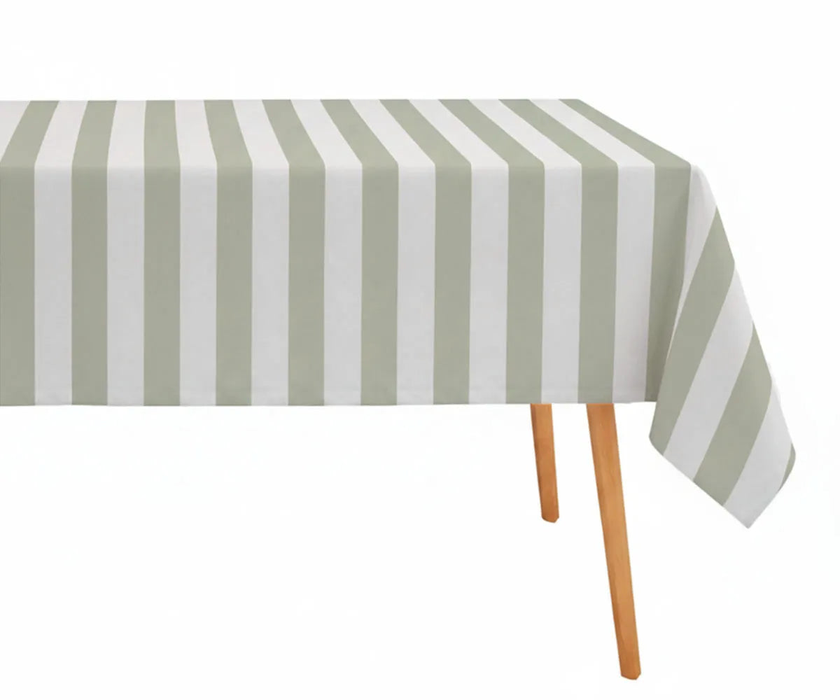 Sage and white cabana stripe rectangle tablecloth made from breathable cotton linen fabric, bringing a fresh, natural touch to rustic weddings and coastal dining spaces. This striped table linen enhances farmhouse decor and everyday table styling. A reusable, washable cotton linen tablecloth designed for durability and timeless appeal. Sage and white cabana stripe rectangle tablecloth made from breathable cotton linen fabric, bringing a fresh, natural touch to rustic weddings and coastal dining spaces. This striped table linen enhances farmhouse decor and everyday table styling. A reusable, washable cotton linen tablecloth designed for durability and timeless appeal.