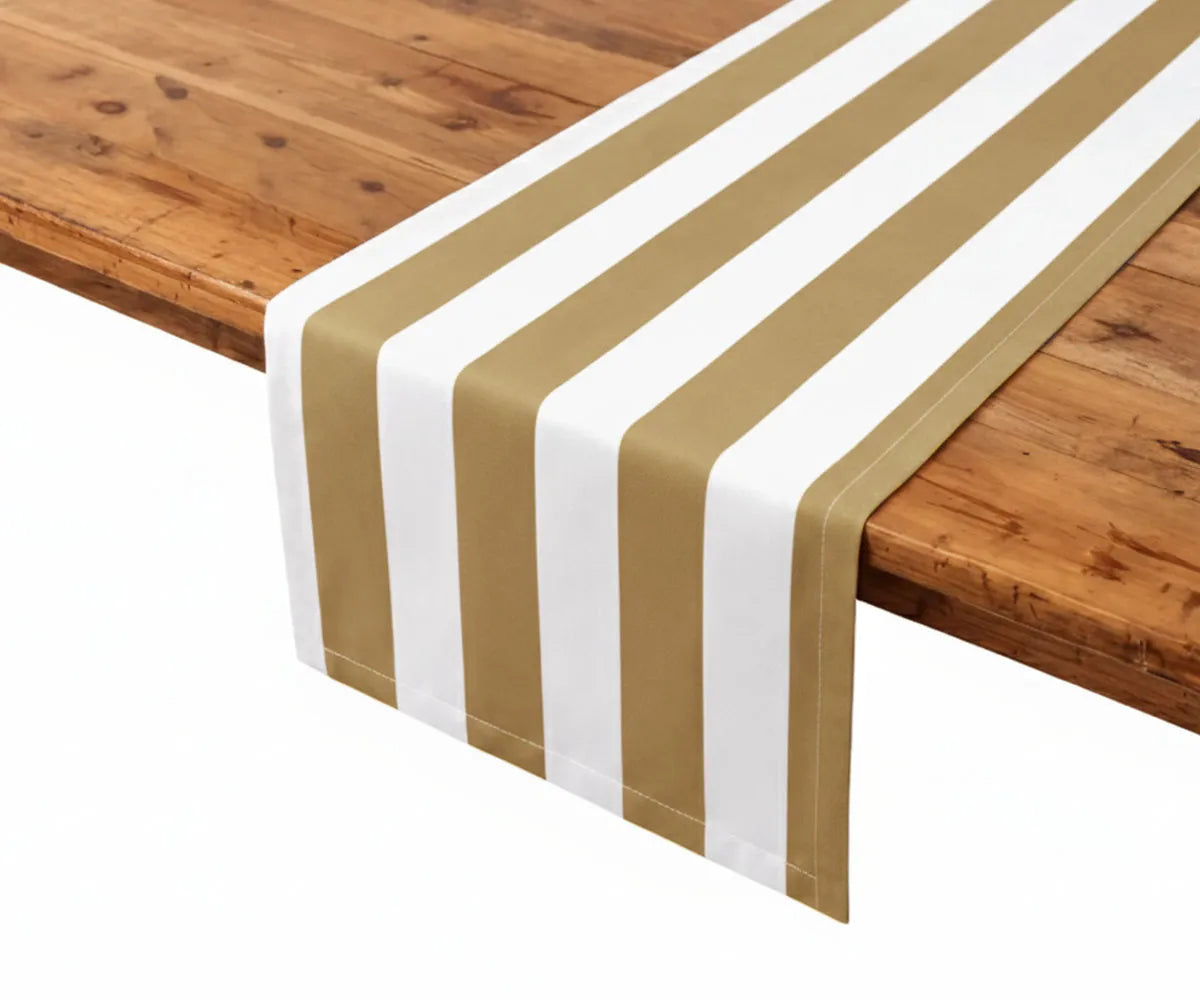 Mustard and white cabana stripe table runner crafted from a premium cotton linen blend, bringing warmth and character to fall table decor and festive holiday gatherings. This striped dining table runner pairs beautifully with neutral placemats and layered table linens. Washable, reusable, and designed for stylish everyday use. Mustard and white cabana stripe table runner crafted from a premium cotton linen blend, bringing warmth and character to fall table decor and festive holiday gatherings. This striped dining table runner pairs beautifully with neutral placemats and layered table linens. Washable, reusable, and designed for stylish everyday use.