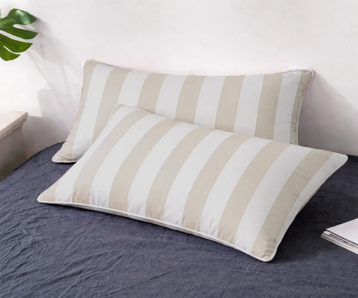 Cabana stripe pillowcase covers crafted from a premium 50% cotton and 50% linen blend, offering breathable comfort and a soft natural texture. Cabana stripe pillowcase covers crafted from a premium 50% cotton and 50% linen blend, offering breathable comfort and a soft natural texture.