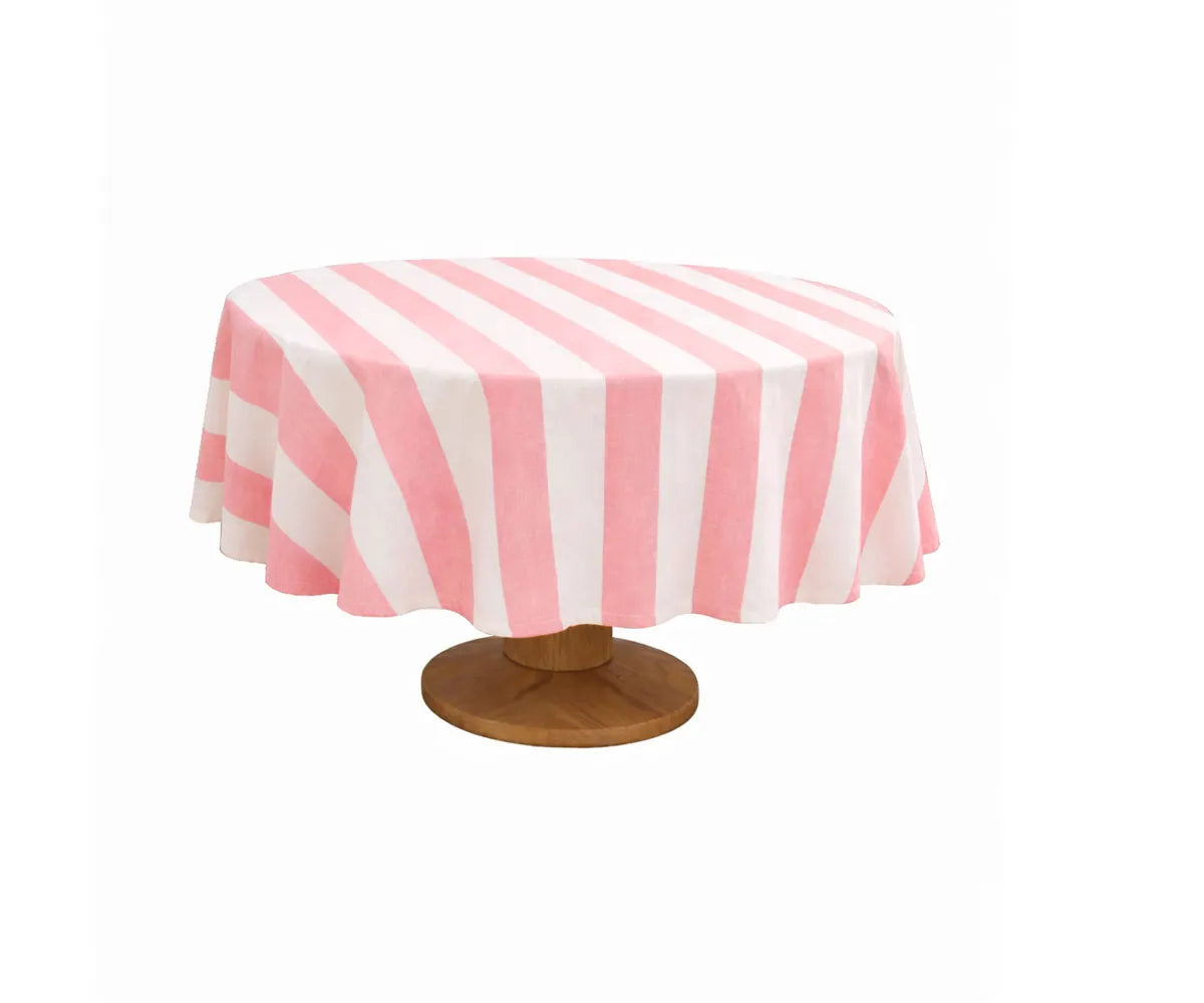 Cabana striped round tablecloth styled on a dining table, showcasing a clean and timeless coastal-inspired look Cabana striped round tablecloth styled on a dining table, showcasing a clean and timeless coastal-inspired look