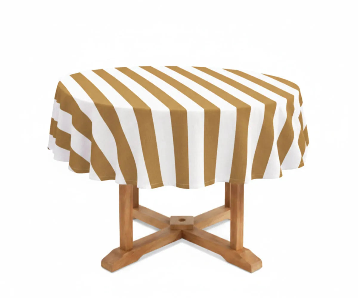 Mustard and white 60 inch round tablecloth crafted from durable cotton linen with a tailored cabana stripe finish. This striped round tablecloth brings warmth to fall table decor, festive gatherings, and farmhouse dining rooms. Reusable, easy to wash, and designed for long-lasting elegance and everyday functionality. Mustard and white 60 inch round tablecloth crafted from durable cotton linen with a tailored cabana stripe finish. This striped round tablecloth brings warmth to fall table decor, festive gatherings, and farmhouse dining rooms. Reusable, easy to wash, and designed for long-lasting elegance and everyday functionality.