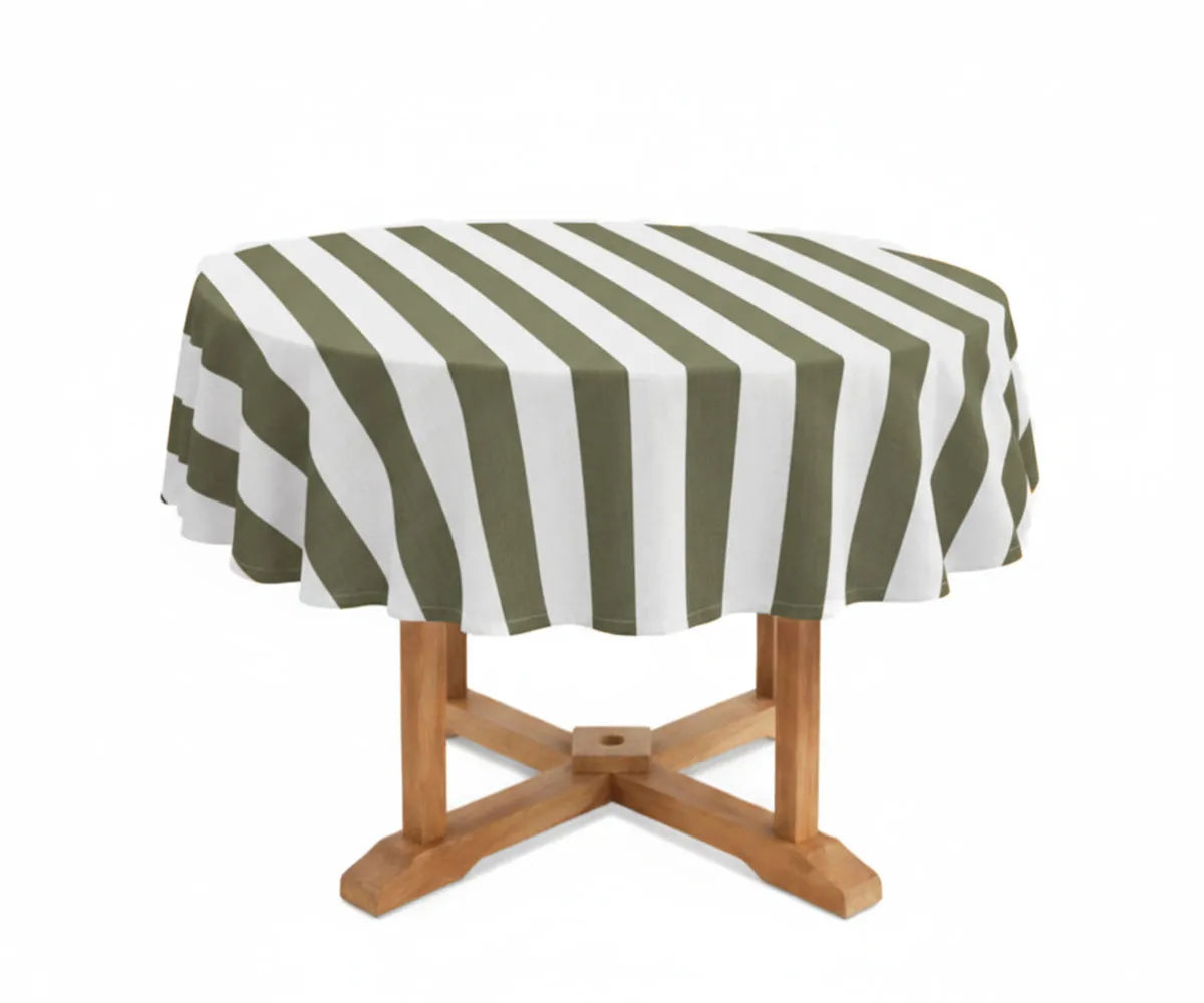 Olive and white 60 inch round tablecloth in a premium cotton linen blend, designed with classic cabana stripes for an earthy, refined look. This striped round tablecloth complements farmhouse interiors, holiday gatherings, and elegant wedding table decor. Washable, reusable, and perfect for stylish everyday dining. Olive and white 60 inch round tablecloth in a premium cotton linen blend, designed with classic cabana stripes for an earthy, refined look. This striped round tablecloth complements farmhouse interiors, holiday gatherings, and elegant wedding table decor. Washable, reusable, and perfect for stylish everyday dining.