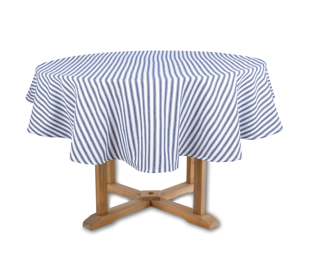 Blue and white striped round cotton tablecloth on a dining table blue and white striped tablecloth Blue and white striped round cotton tablecloth on a dining table blue and white striped tablecloth