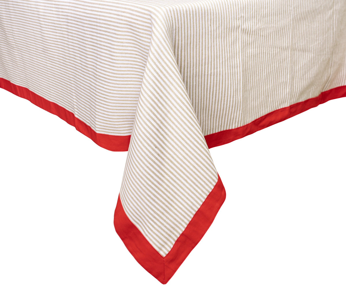 Dining room table cover in beige with a red color border, blending sophistication and warmth. Dining room table cover in beige with a red color border, blending sophistication and warmth.