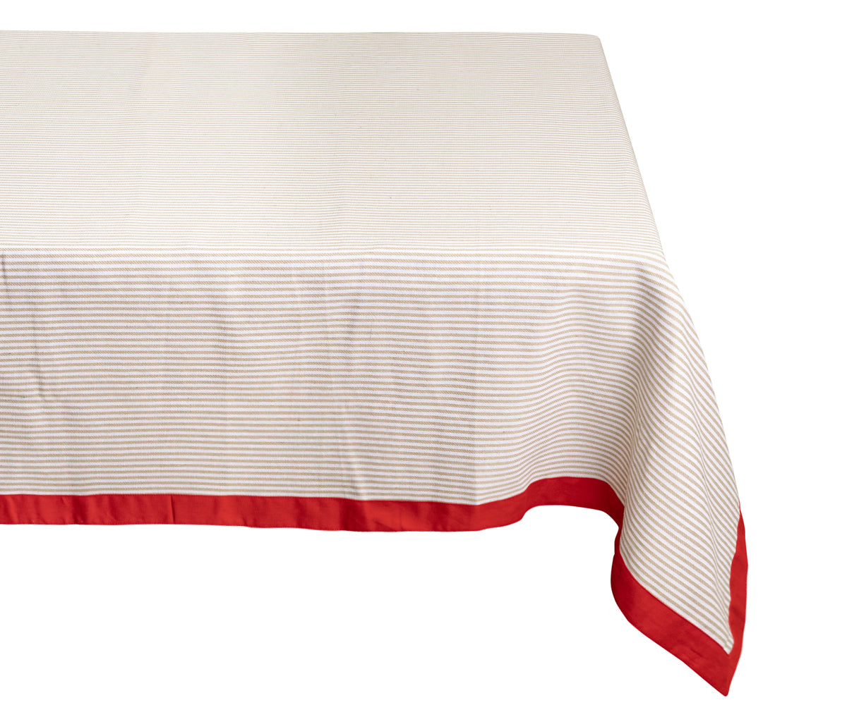 Beige tablecloth complemented by a red color border, creating a timeless dining room ambiance. Beige tablecloth complemented by a red color border, creating a timeless dining room ambiance.