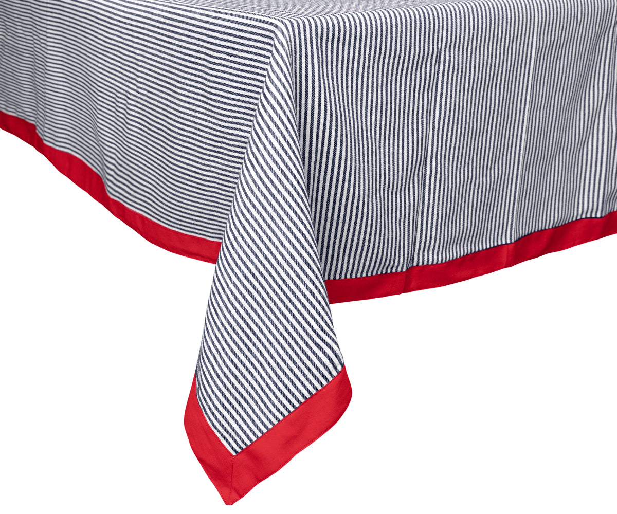Colored tablecloths with a navy base and red stripes, making a bold statement in your dining room. Colored tablecloths with a navy base and red stripes, making a bold statement in your dining room.