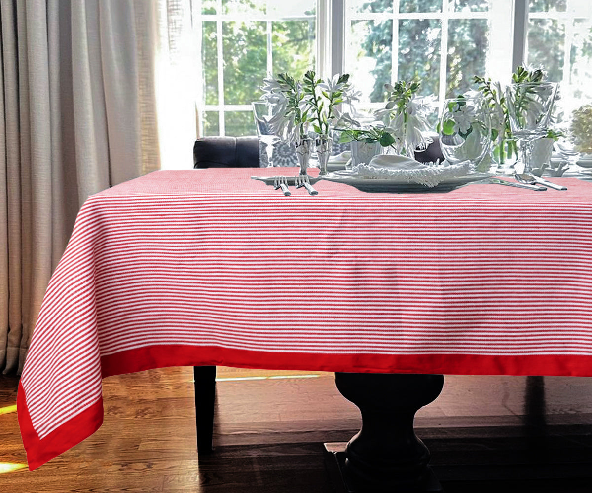 Red table cloth featuring modern design elements, adding flair to your dining room. Red table cloth featuring modern design elements, adding flair to your dining room.