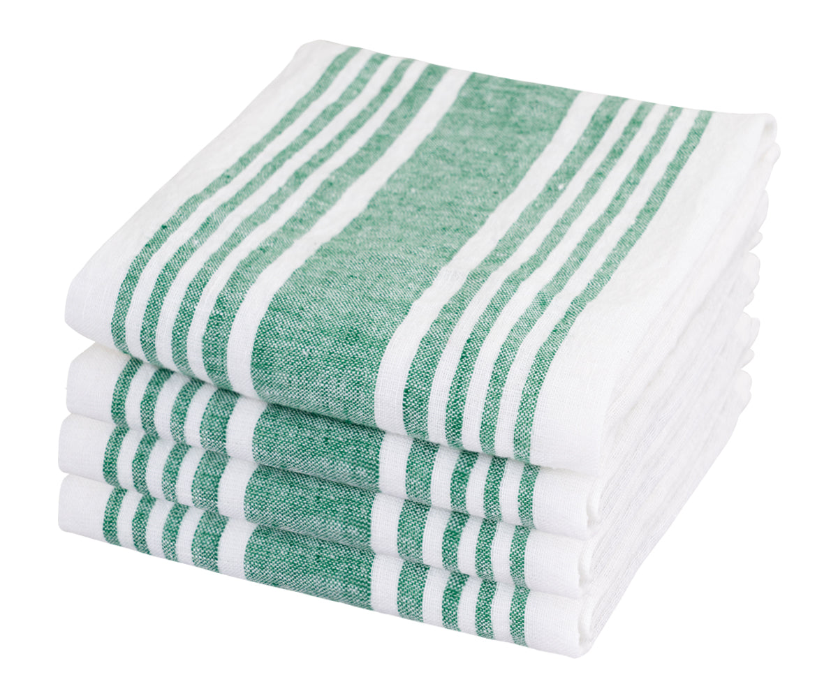 Classic green linen dinner napkins with elegant stripes enhance the dining experience with a refined touch.  Classic green linen dinner napkins with elegant stripes enhance the dining experience with a refined touch.