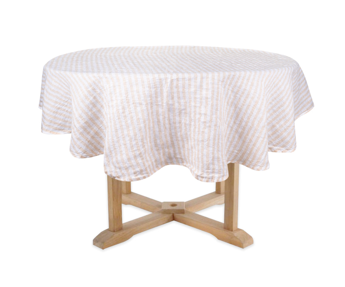 Beige Round linen tablecloths in various sizes for different tables. Beige Round linen tablecloths in various sizes for different tables.