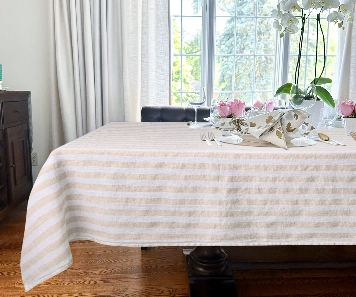 Beige linen tablecloth with a stylish and contemporary look. Beige linen tablecloth with a stylish and contemporary look.
