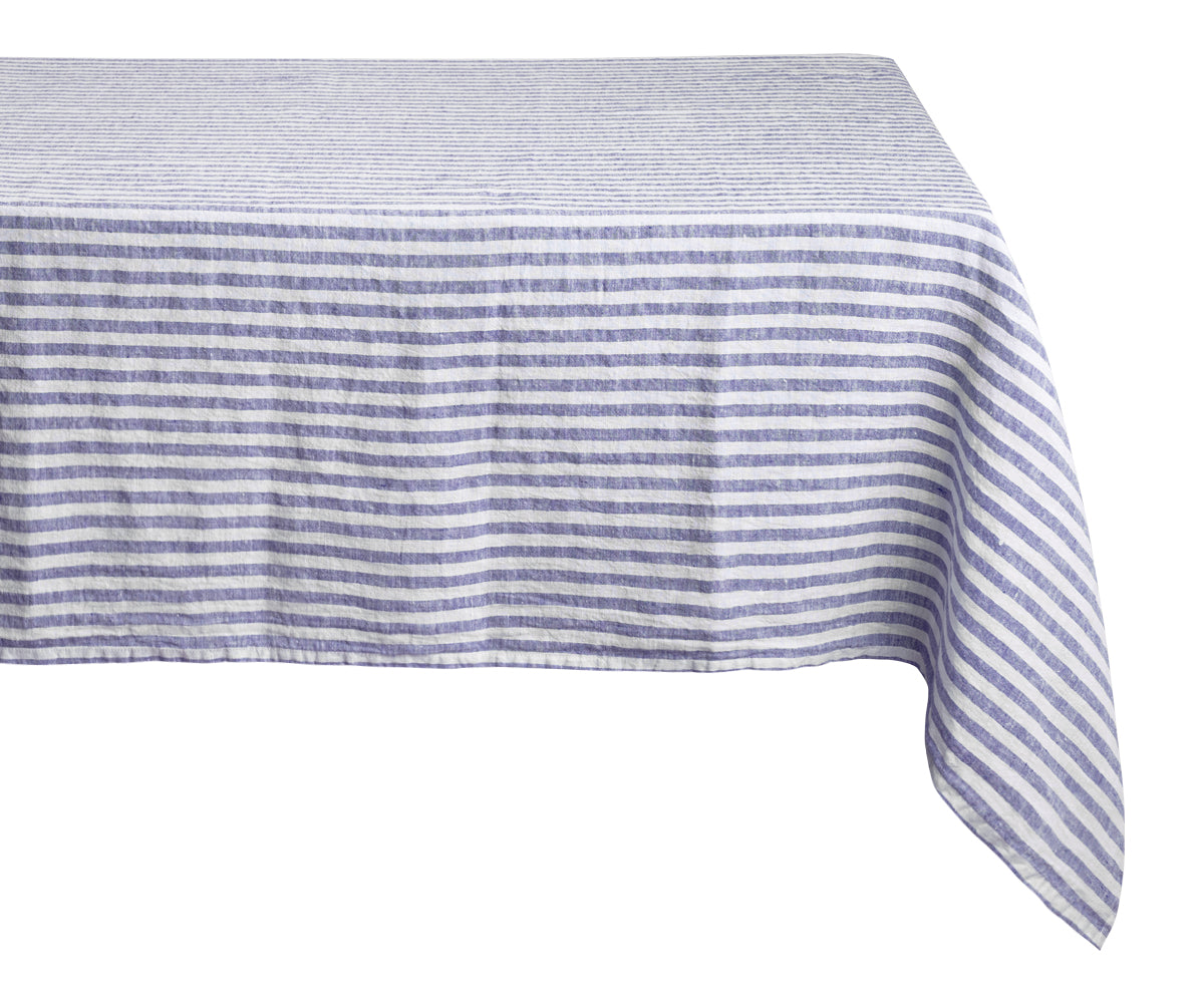 A chic linen striped tablecloth for a modern aesthetic. A chic linen striped tablecloth for a modern aesthetic.