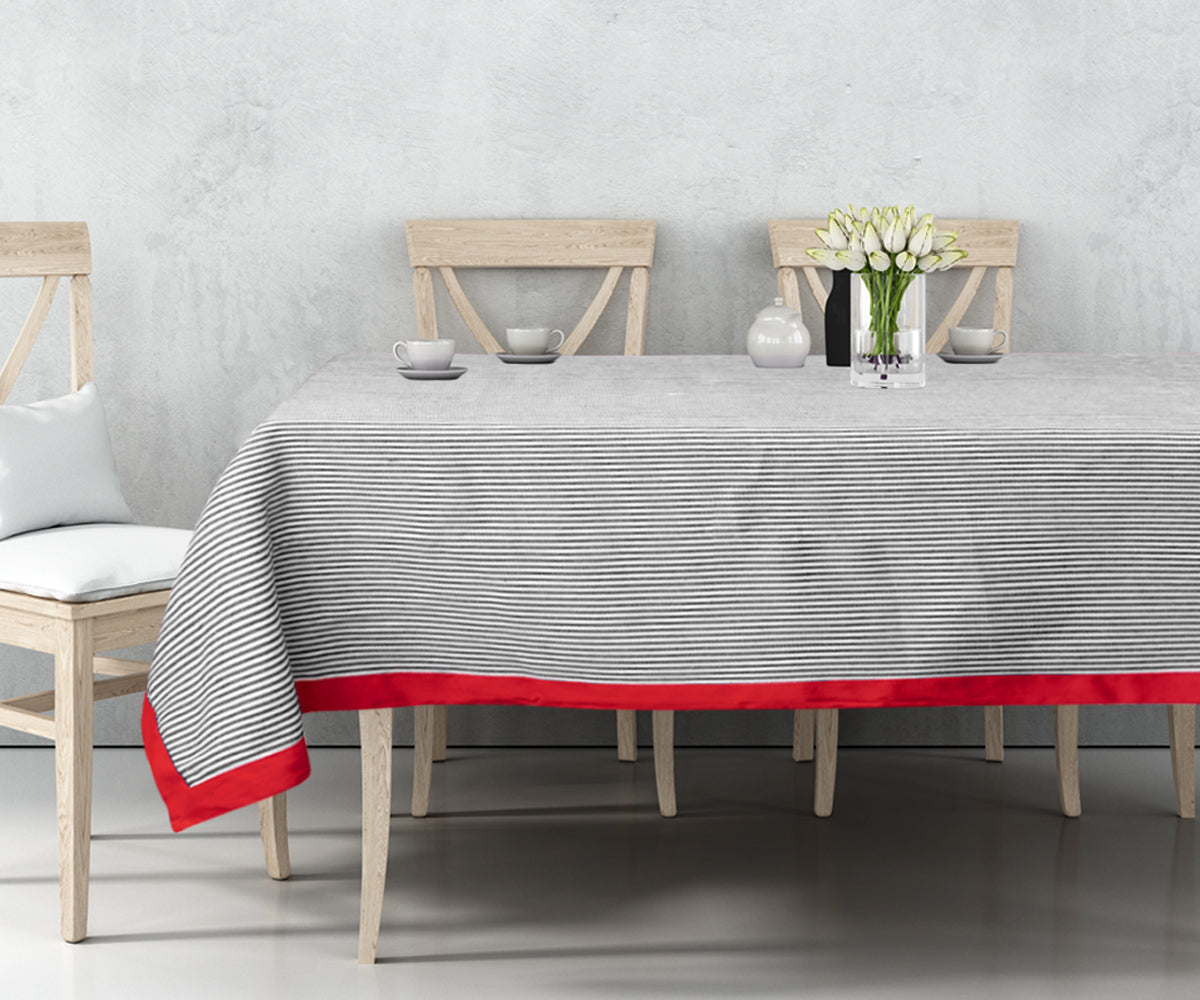 Our black cloth tablecloth has made the Size 60 X 109 with Black stripes and red border. Our black cloth tablecloth has made the Size 60 X 109 with Black stripes and red border.