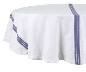 Blue striped tablecloth Consider the colors of the surroundings, including walls, furniture, and other decorations.