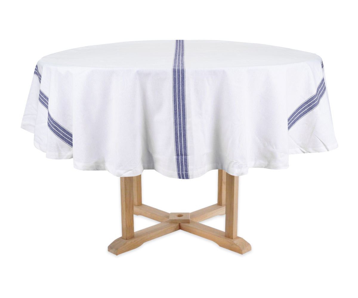 White round tablecloth with blue stripes on a wooden table against a white background round tablecover White round tablecloth with blue stripes on a wooden table against a white background round tablecover