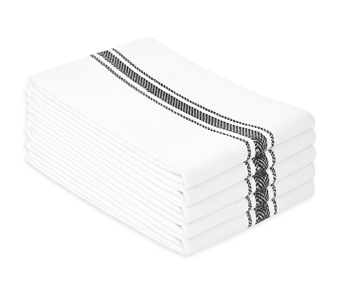 Set of 12 black stripe cotton kitchen towels with ringspun herringbone weave, neatly folded Set of 12 black stripe cotton kitchen towels with ringspun herringbone weave, neatly folded