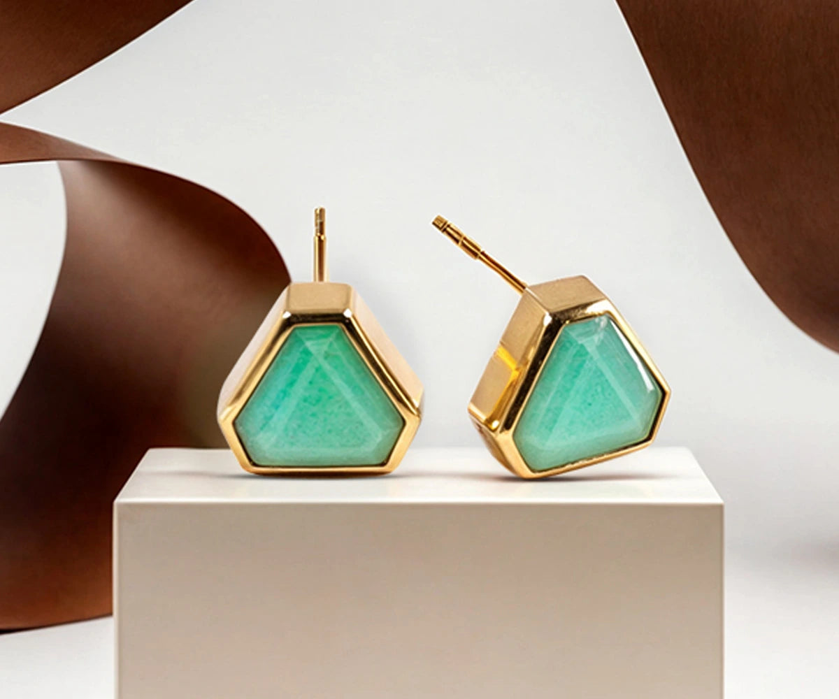 Stylish 18k gold-plated chrysoprase earrings with vibrant green Chrysoglow stones. Stylish 18k gold-plated chrysoprase earrings with vibrant green Chrysoglow stones.