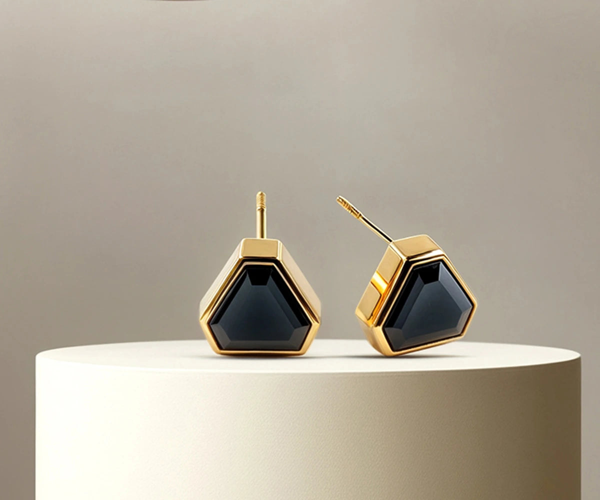 Classic black onyx earrings gold featuring a sleek and timeless design for women. Classic black onyx earrings gold featuring a sleek and timeless design for women.